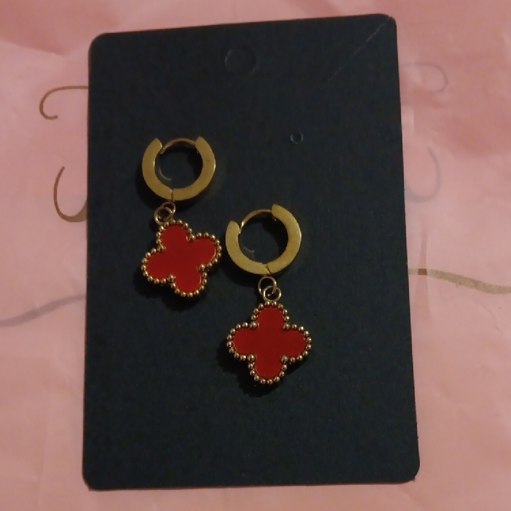 Gold and Red Clover Earrings